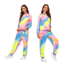 2021 New Developed Fall Autumn Women's In Stock  Tie-Dyed Home Wear Pajama Two Pieces  Sweatpants and Sweatshirts for Ladies